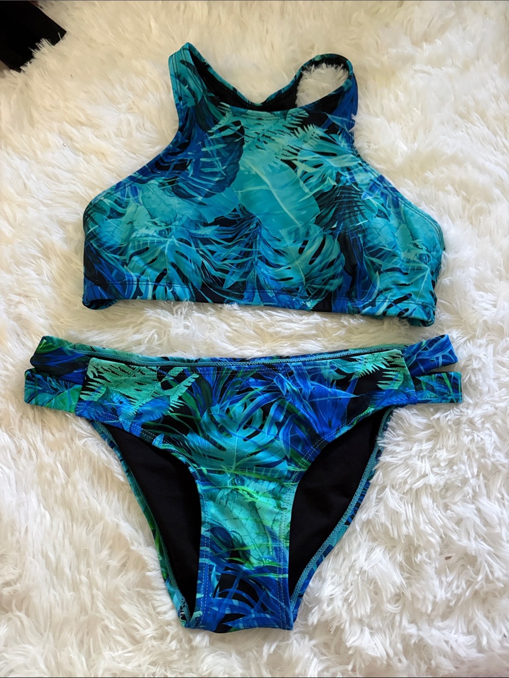 Ripzone High-Neck Tropical Leaf Bikini Set in Teal & Blue